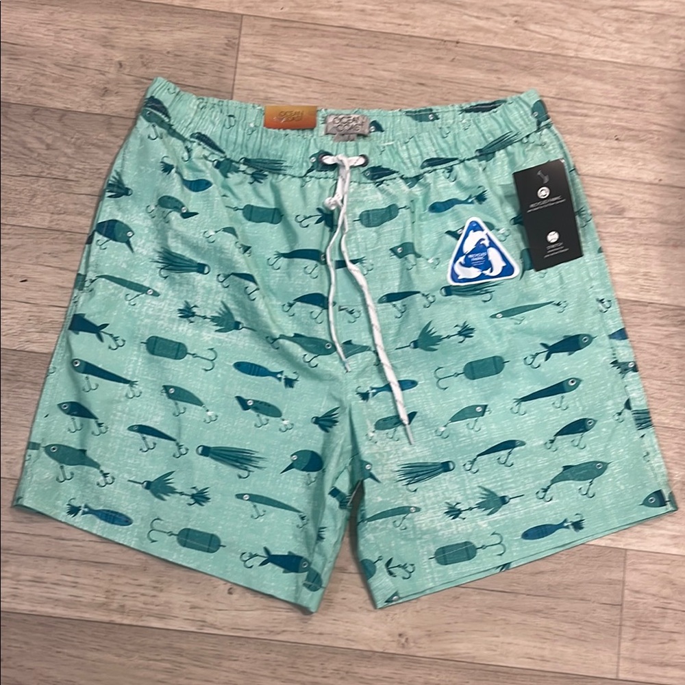 🇺🇸Ocean coast NWT Men's Swim Shorts with Fish Print Green blue